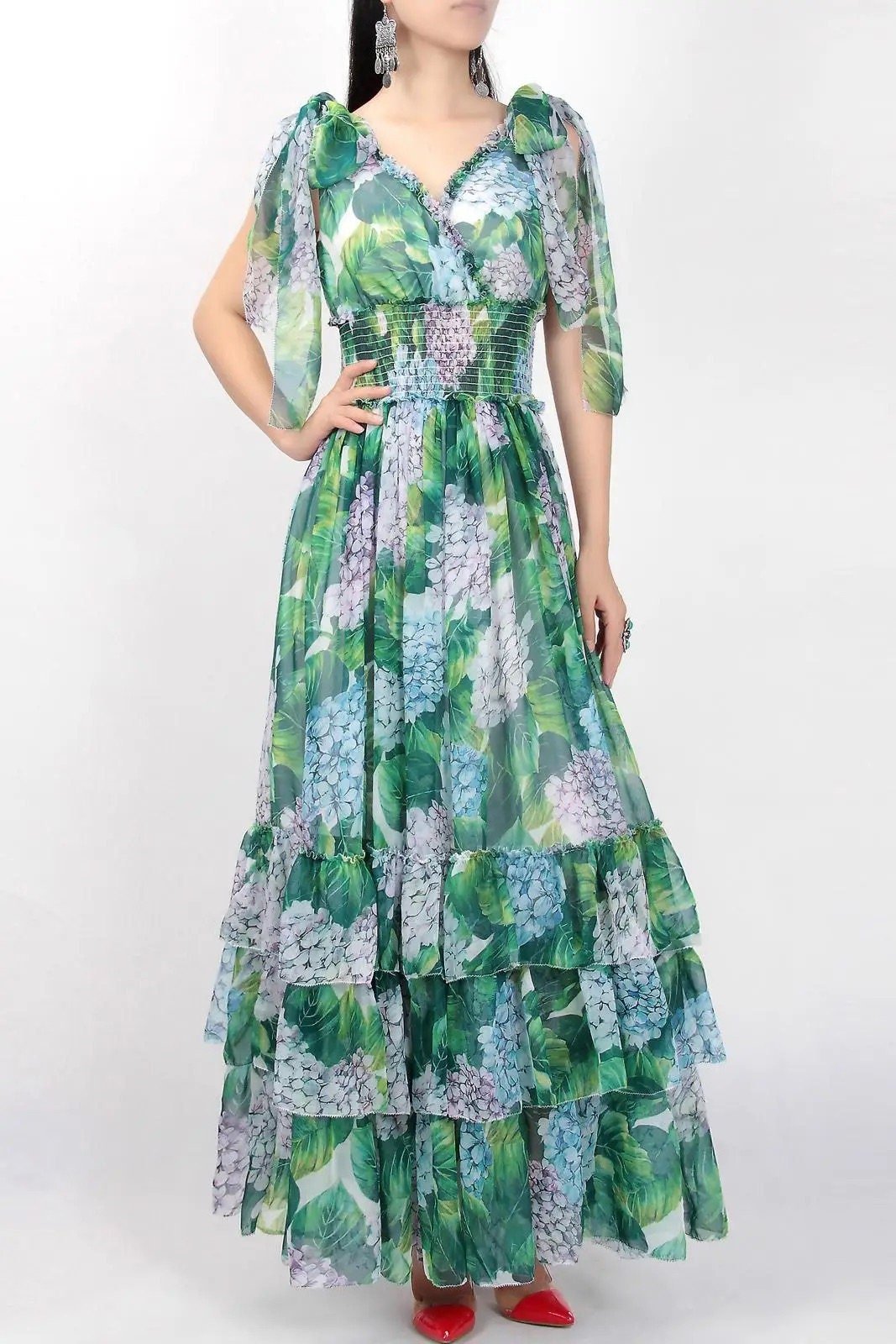 Hydrangea print floral chiffon maxi dress