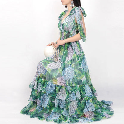 Hydrangea print floral chiffon maxi dress