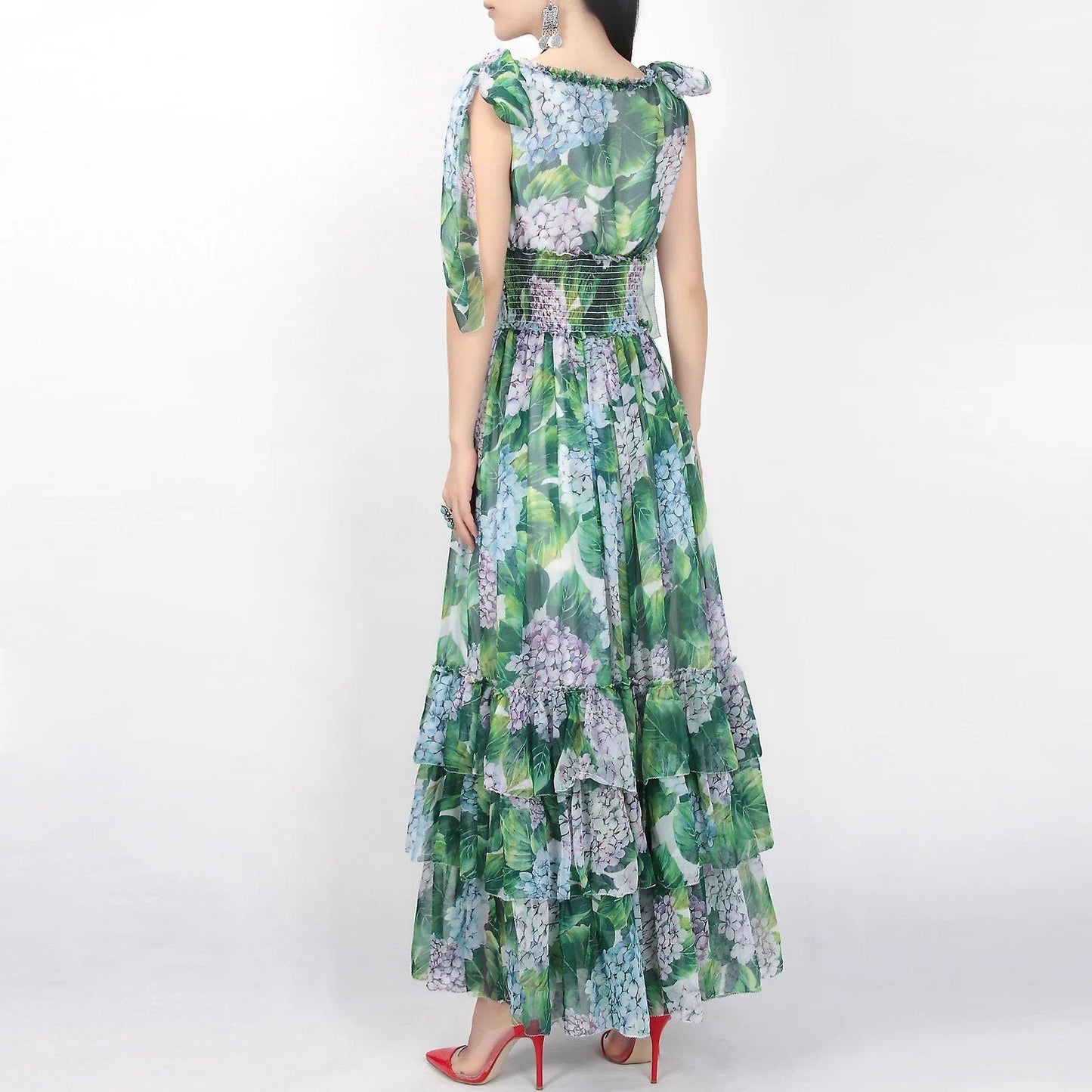 Hydrangea print floral chiffon maxi dress