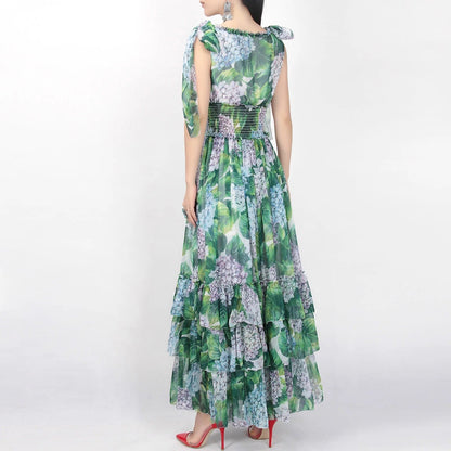 Hydrangea print floral chiffon maxi dress