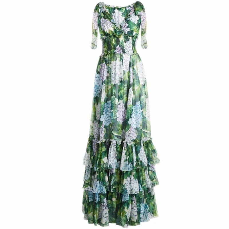 Hydrangea print floral chiffon maxi dress