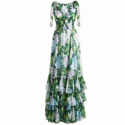 Hydrangea print floral chiffon maxi dress