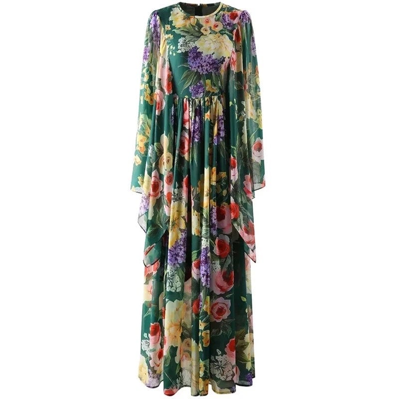 Luxury Green Mulifloral chiffon Boho dress