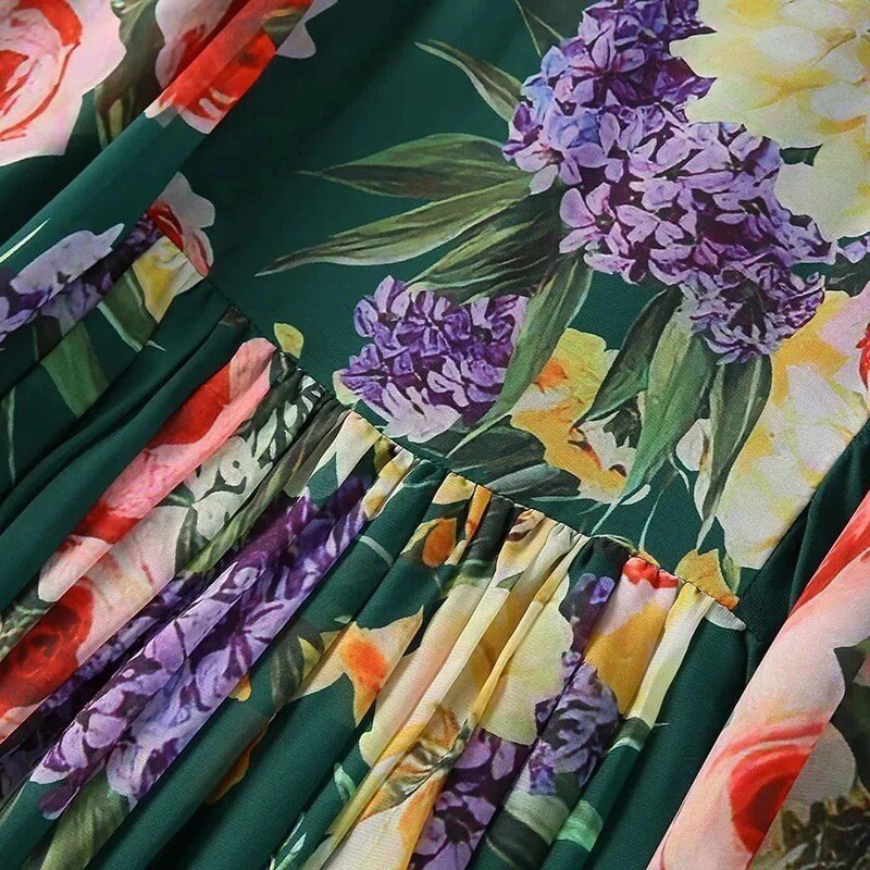 Luxury Green Mulifloral chiffon Boho dress
