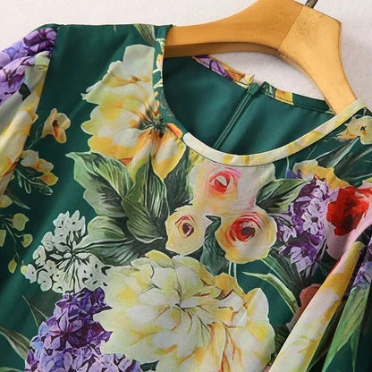 Luxury Green Mulifloral chiffon Boho dress