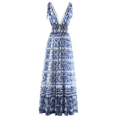 HIGH QUALITY Summer Holiday Women Maxi Dress With V-Neck Elastic Waist Blue And Porcelain Print For Party