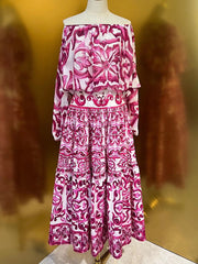 HIGH QUALITY Luxury Fashion Women Off-Shoulder Silk blouse and Cotton Maxi Skirt Summer Set For Female 2023