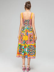 Summer Fashion Designer Beach Dress Women's Bohemia Pure Cotton High Waist Print Crumple Slim Fit Dress
