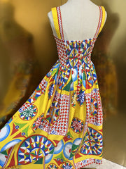 High Quality Designer Summer Beach Women's Bohemia Cotton Multicoloured Print Crumple Slim Fit Midi Dress