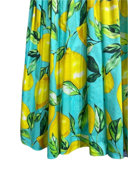 OUTLET: Luxury Blue Sicily Lemons print push up 100% cotton dress, SIZE XS