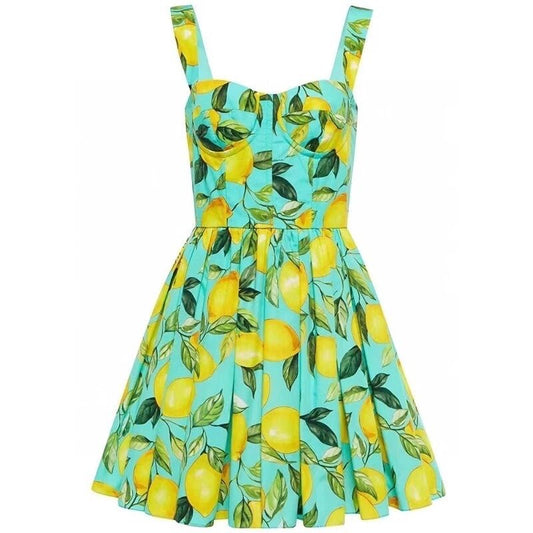 OUTLET: Luxury Blue Sicily Lemons print push up 100% cotton dress, SIZE XS