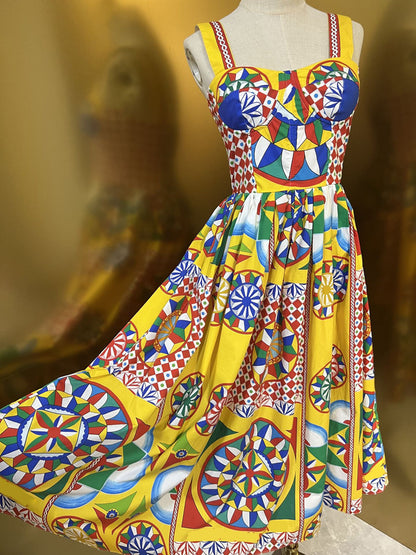 High Quality Designer Summer Beach Women's Bohemia Cotton Multicoloured Print Crumple Slim Fit Midi Dress