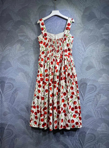 Fashion Designer Summer High Quality Cotton Women Bustier Cherry Print Midi Dress With Spaghetti Strap For Party Vacation