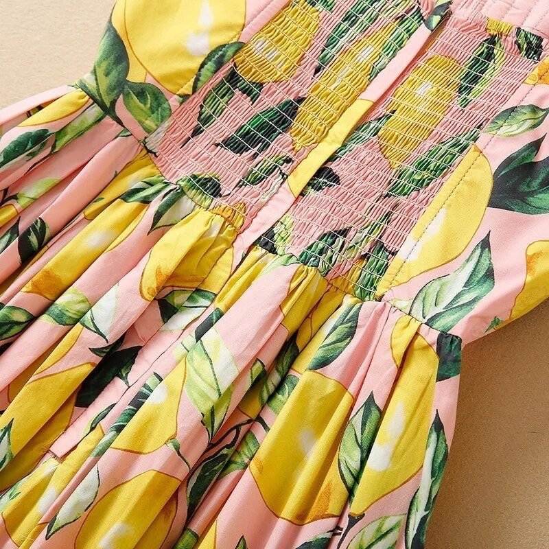 OUTLET: Luxury Designer Sicily Lemons on Pink print sleeveless push up 100% cotton dress, SIZE S / EU34 / US4
