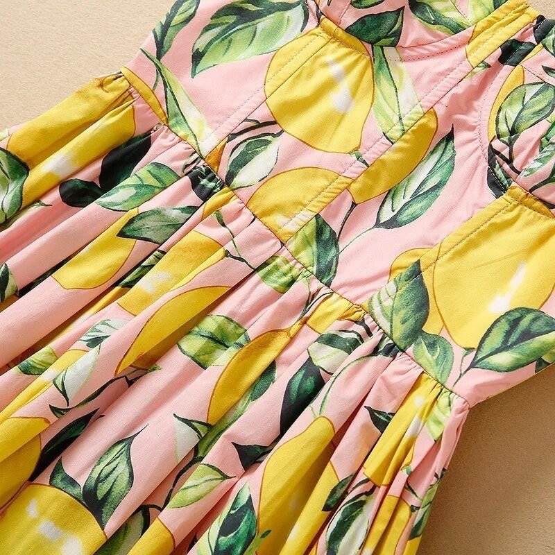 OUTLET: Luxury Designer Sicily Lemons on Pink print sleeveless push up 100% cotton dress, SIZE S / EU34 / US4