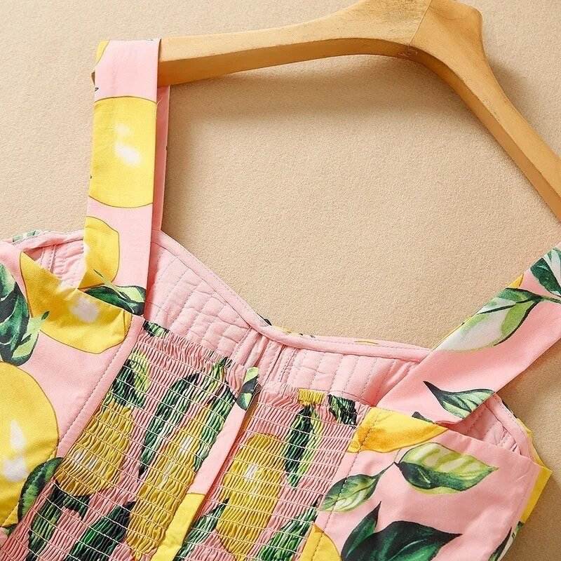 OUTLET: Luxury Designer Sicily Lemons on Pink print sleeveless push up 100% cotton dress, SIZE S / EU34 / US4