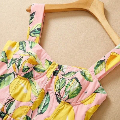 OUTLET: Luxury Designer Sicily Lemons on Pink print sleeveless push up 100% cotton dress, SIZE S / EU34 / US4