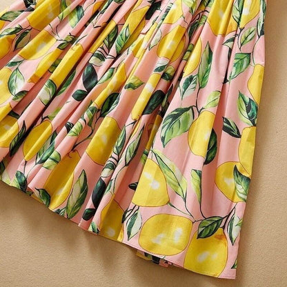 OUTLET: Luxury Designer Sicily Lemons on Pink print sleeveless push up 100% cotton dress, SIZE S / EU34 / US4
