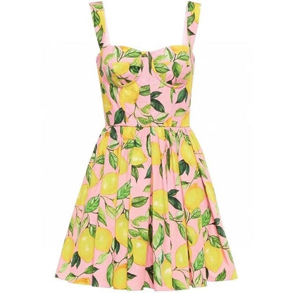 OUTLET: Luxury Designer Sicily Lemons on Pink print sleeveless push up 100% cotton dress, SIZE S / EU34 / US4