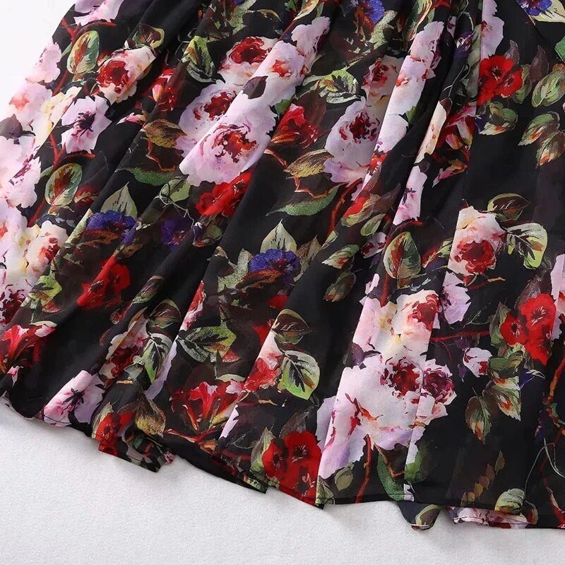 Black Floral maxi chiffon dress with flared sleeves