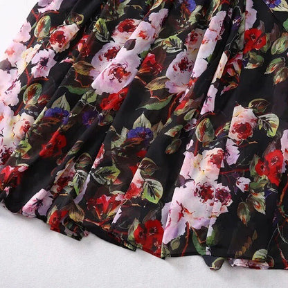 Black Floral maxi chiffon dress with flared sleeves
