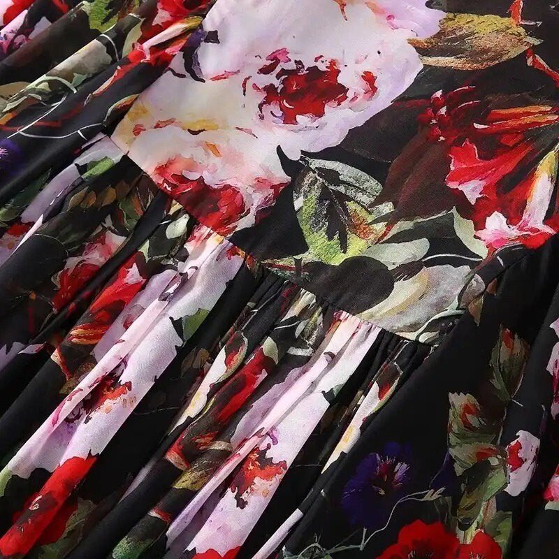 Black Floral maxi chiffon dress with flared sleeves