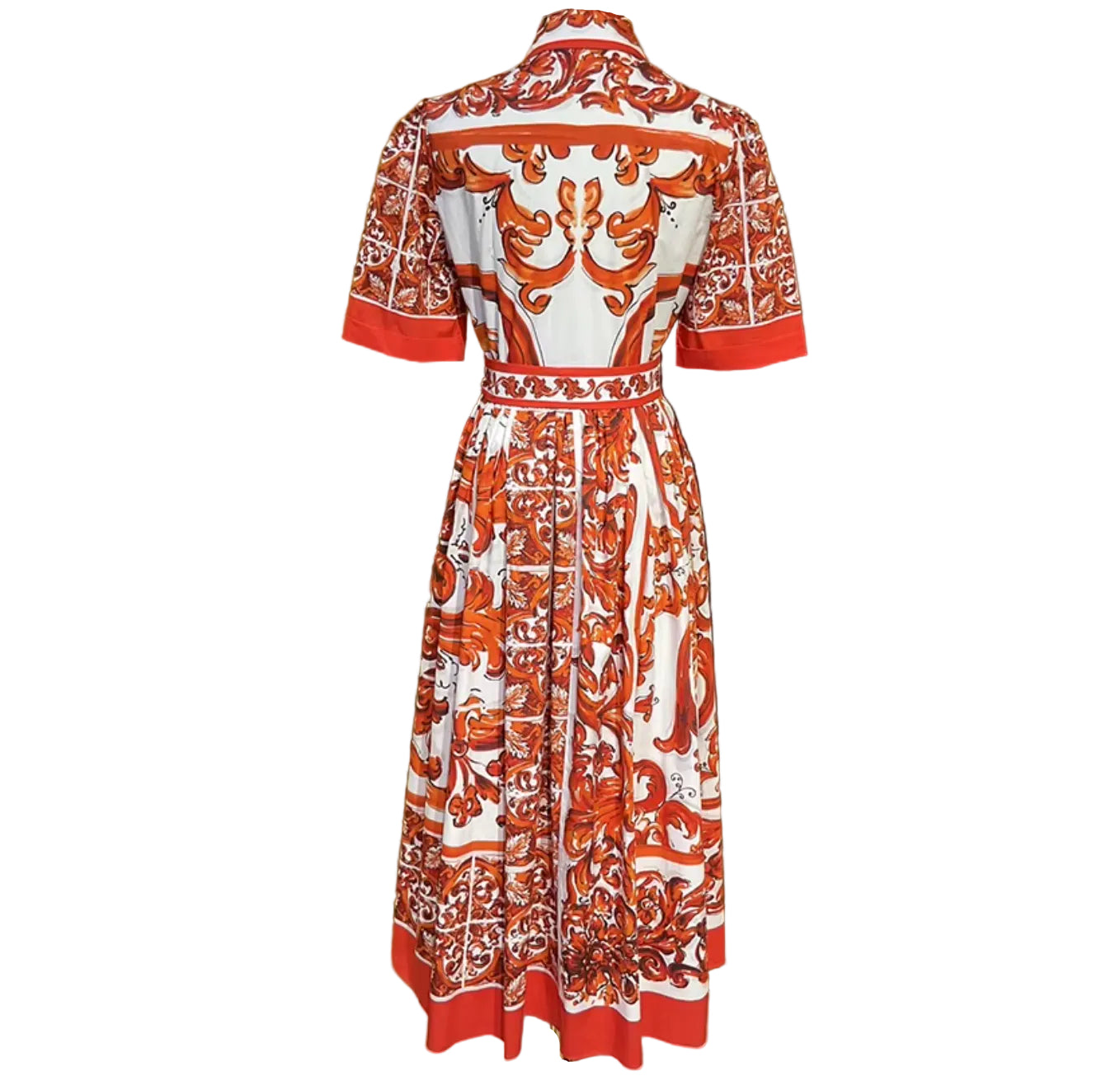 Orange Majolica Cotton Midi Shirt Dress | 2026 Luxury Designer Inspired Italian Ceramic Print Belted Midi Dress | 100% Cotton Vacation Resort Wear