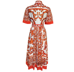 Orange Majolica Cotton Midi Shirt Dress | 2026 Luxury Designer Inspired Italian Ceramic Print Belted Midi Dress | 100% Cotton Vacation Resort Wear