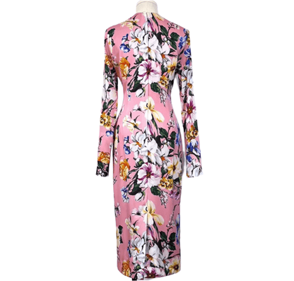 Italian Designer Magnolia Print 100% Silk Long Sleeve Midi Dress – Elegant Women’s Luxury Fashion