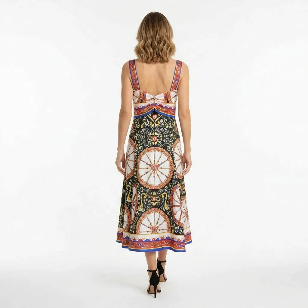 Carretto Print Flared Silk Midi Dress