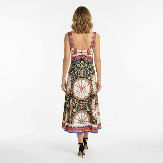 Carretto Print Flared Silk Midi Dress