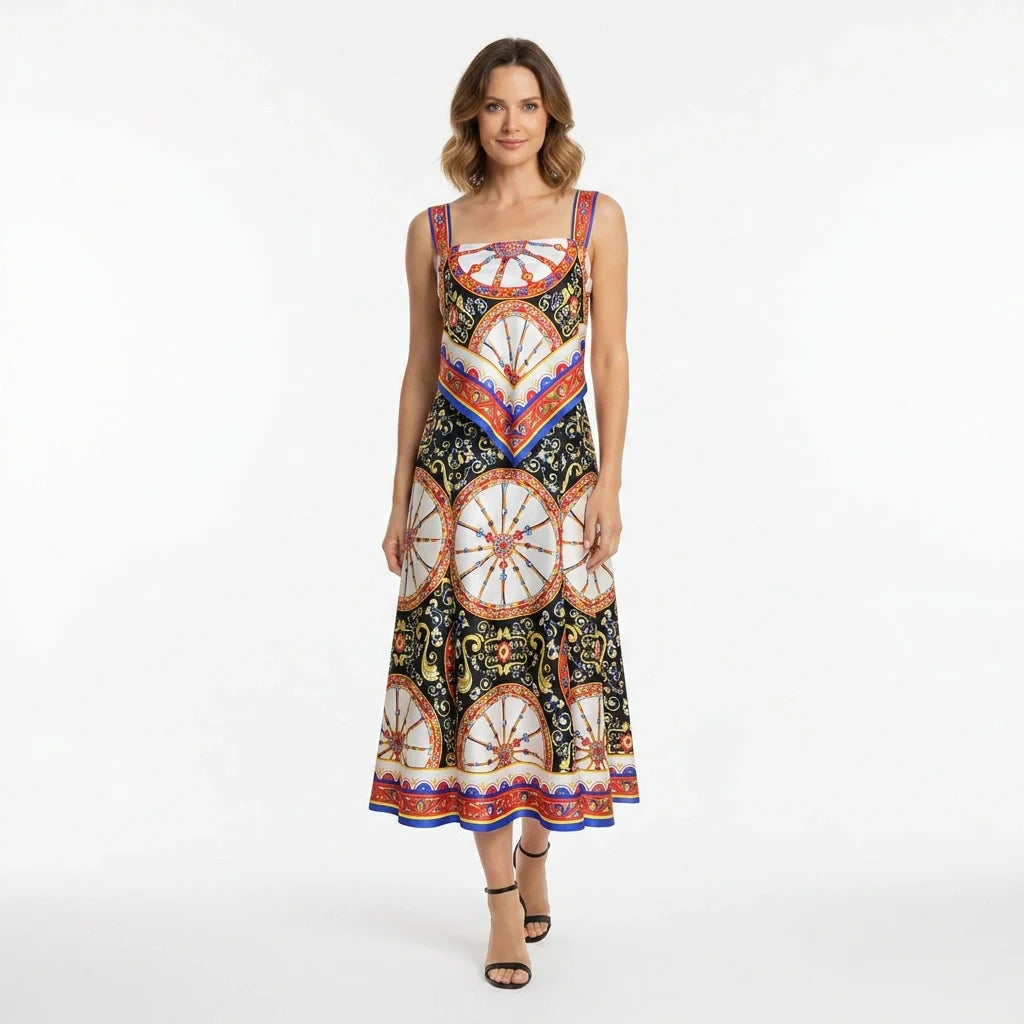 Carretto Print Flared Silk Midi Dress