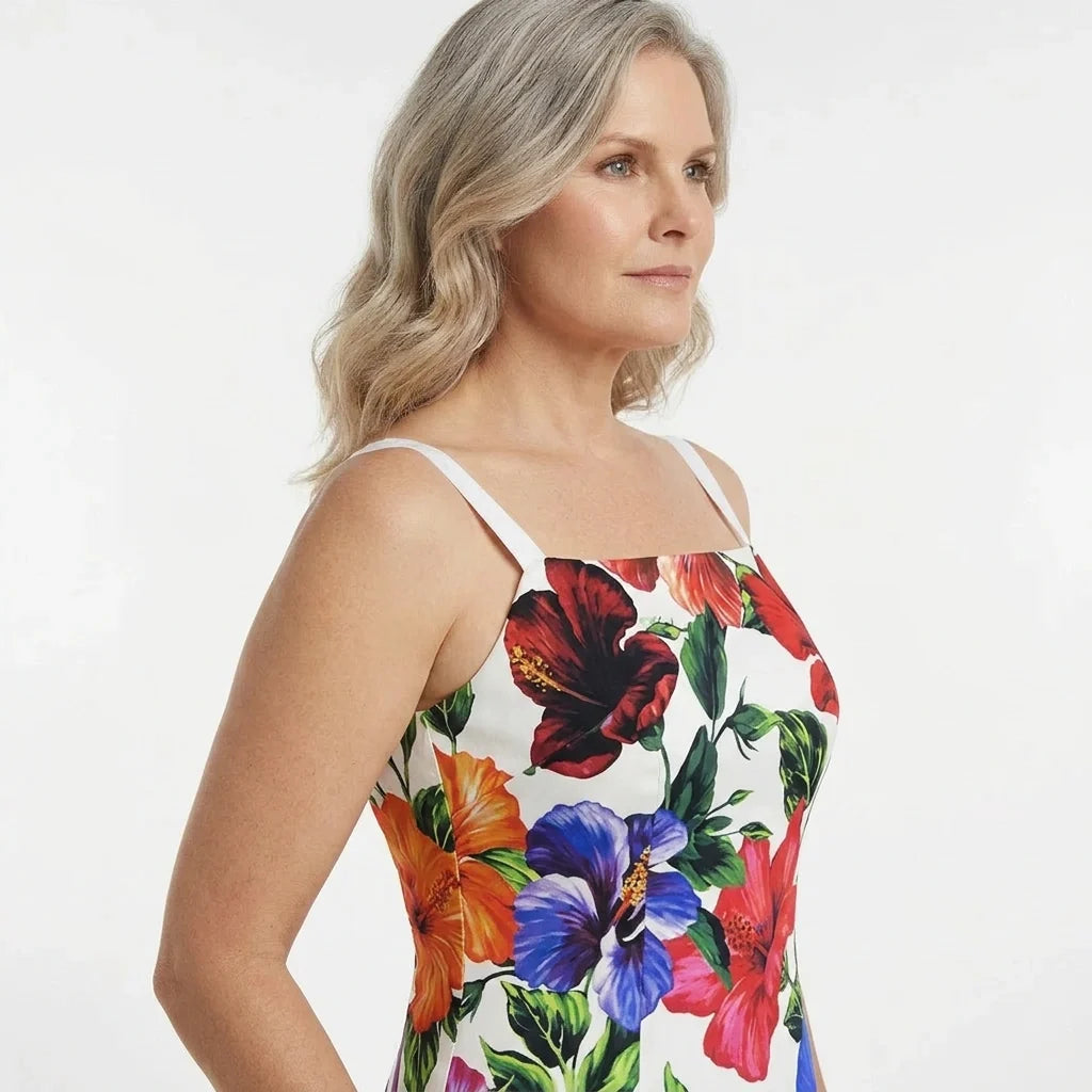 White Floral Silk Midi Dress