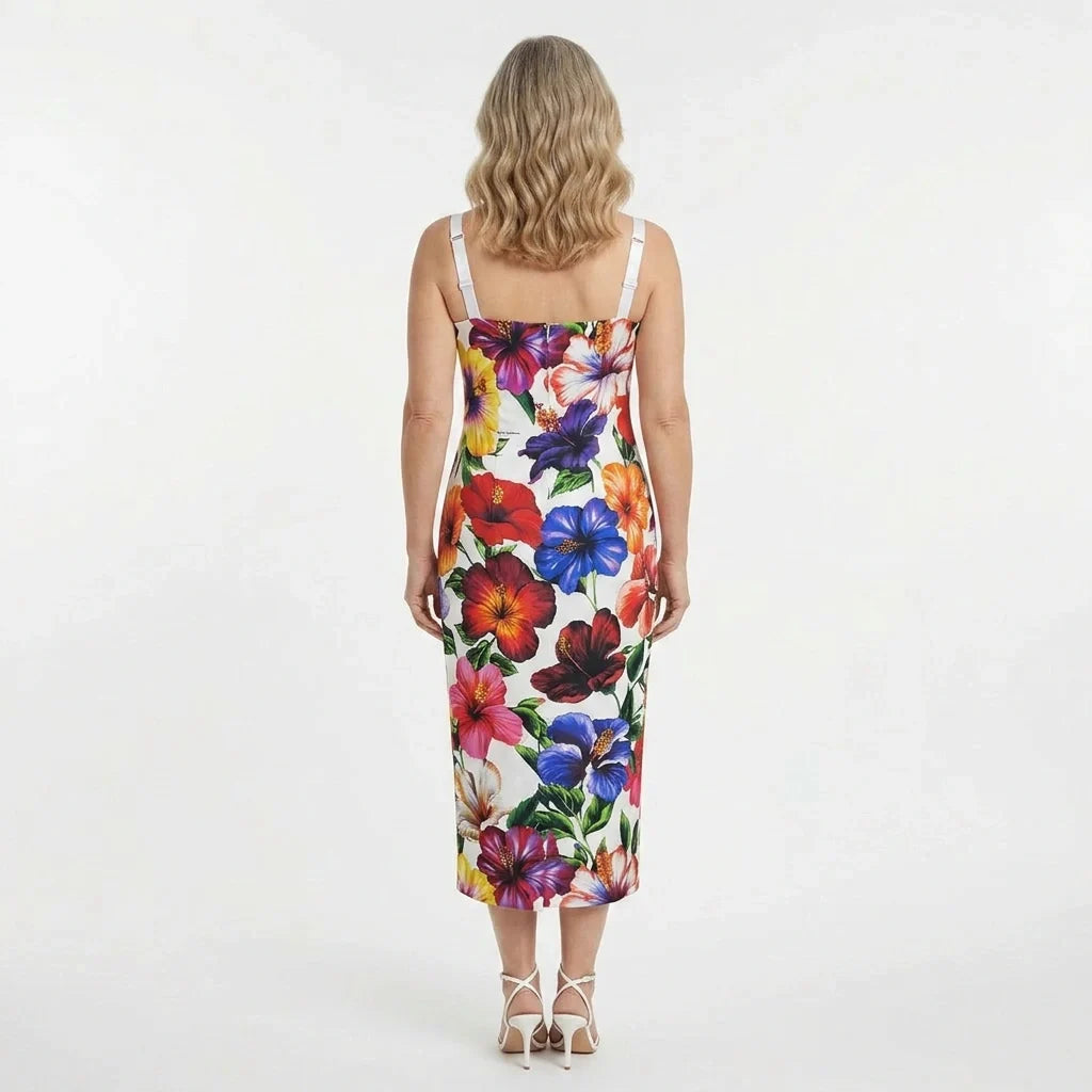 White Floral Silk Midi Dress