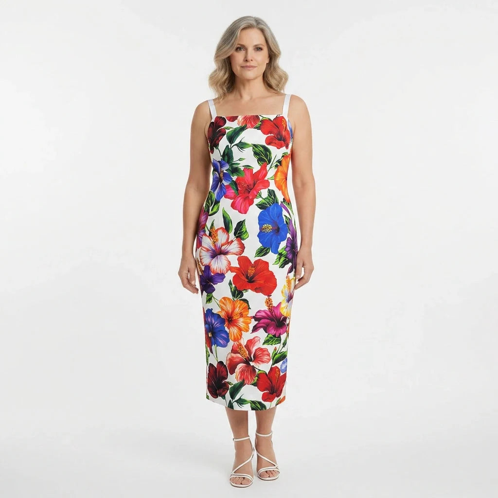 White Floral Silk Midi Dress