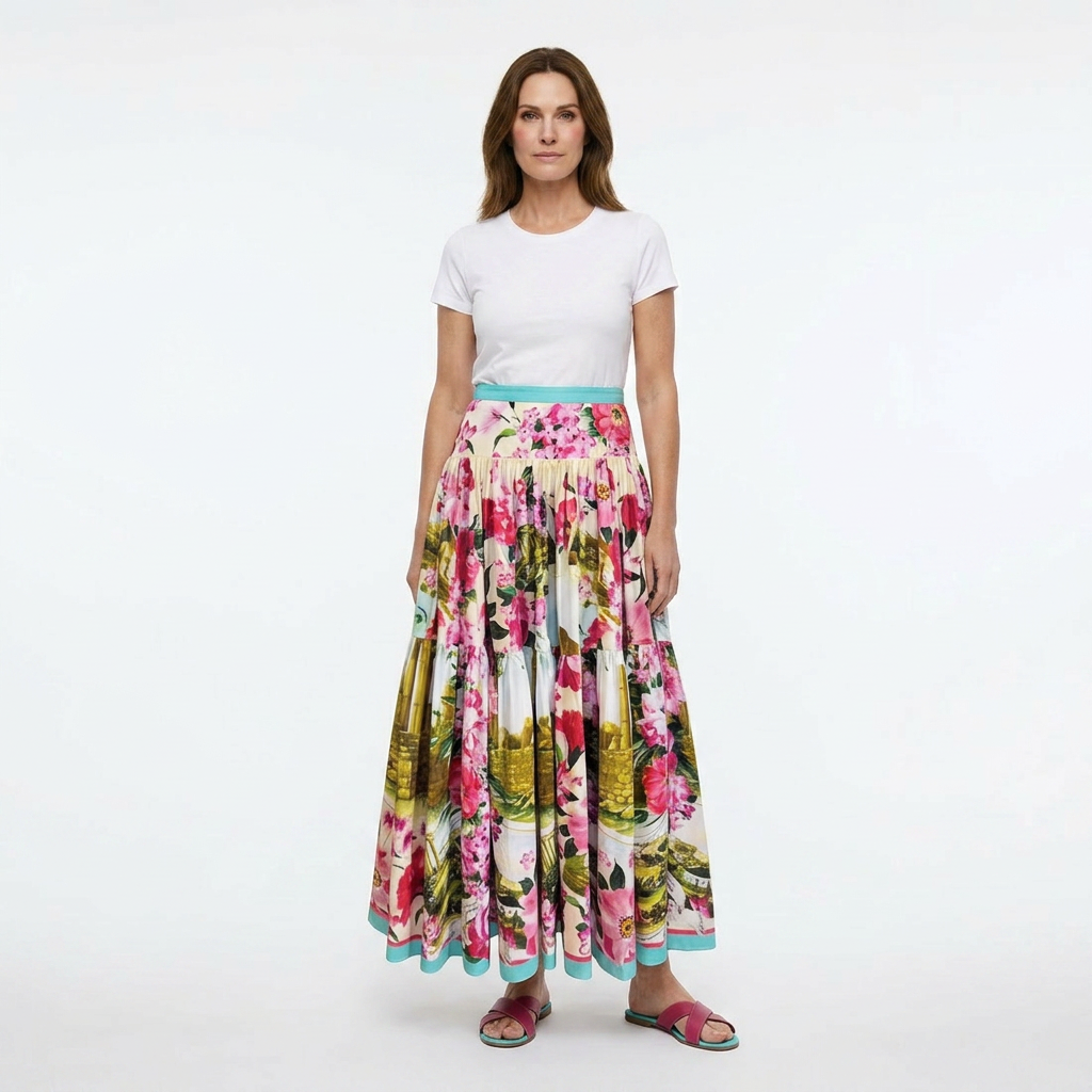 Floral Maxi Cotton Skirt with Ancient Sicily Print