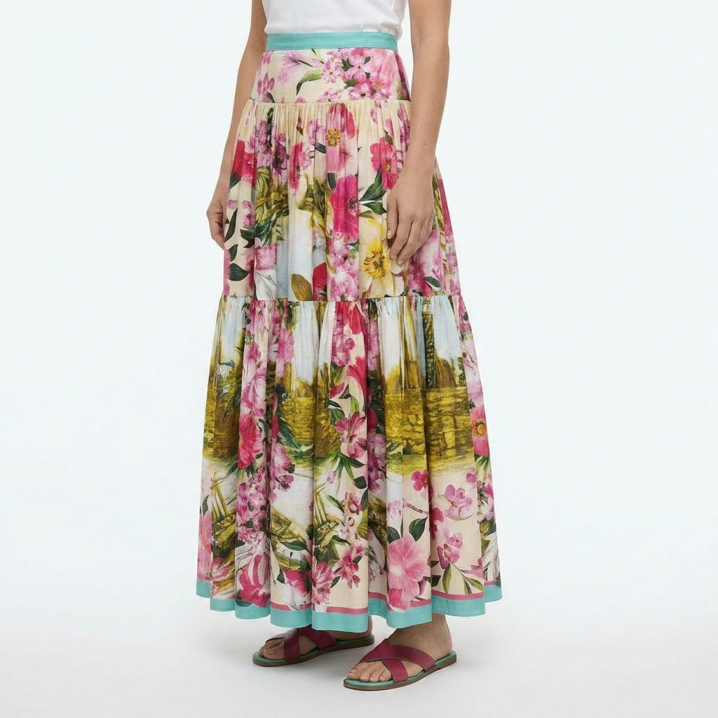 Floral Maxi Cotton Skirt with Ancient Sicily Print