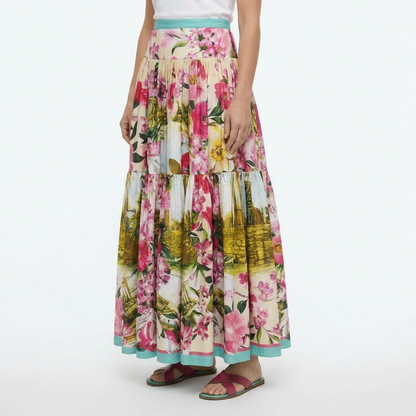 Floral Maxi Cotton Skirt with Ancient Sicily Print