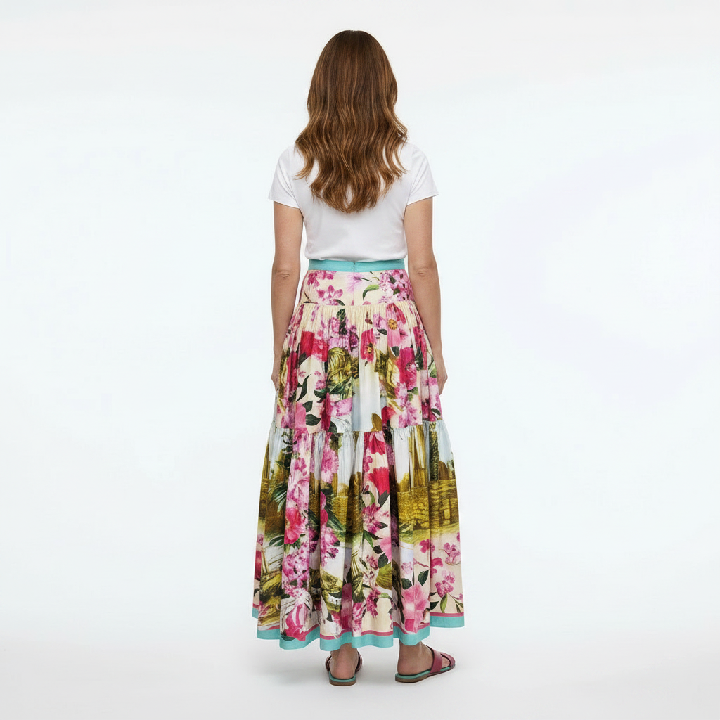 Floral Maxi Cotton Skirt with Ancient Sicily Print