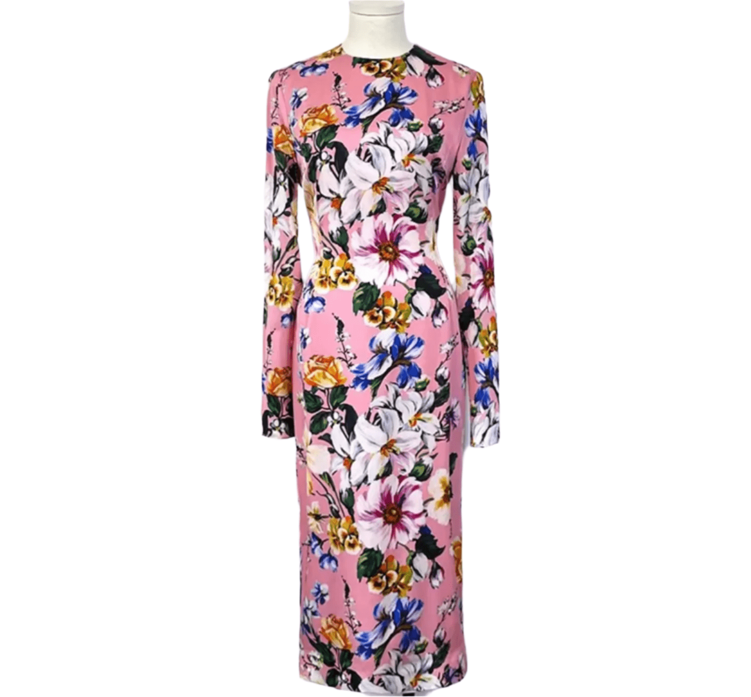 Italian Designer Magnolia Print 100% Silk Long Sleeve Midi Dress – Elegant Women’s Luxury Fashion