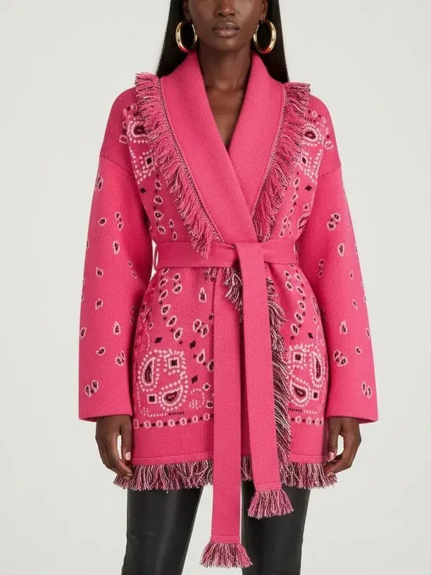 Fuchsia Paisley Wool-Cashmere Belted Cardigan