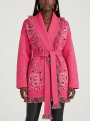 Fuchsia Paisley Wool-Cashmere Belted Cardigan