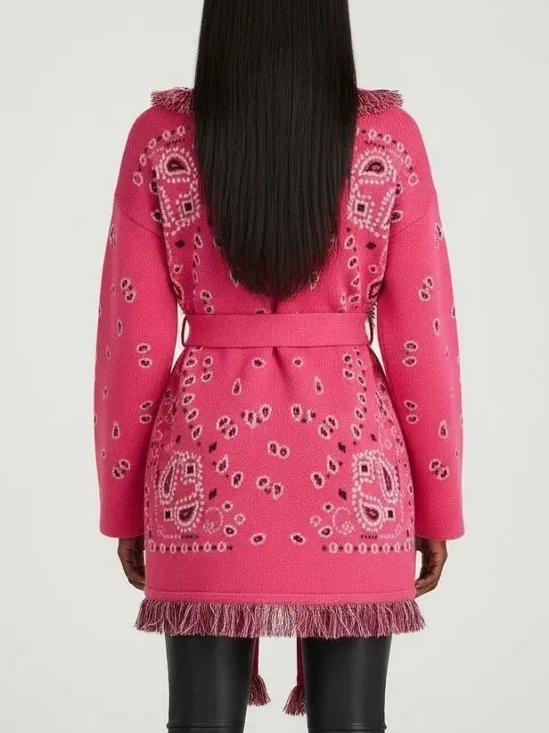 Fuchsia Paisley Wool-Cashmere Belted Cardigan
