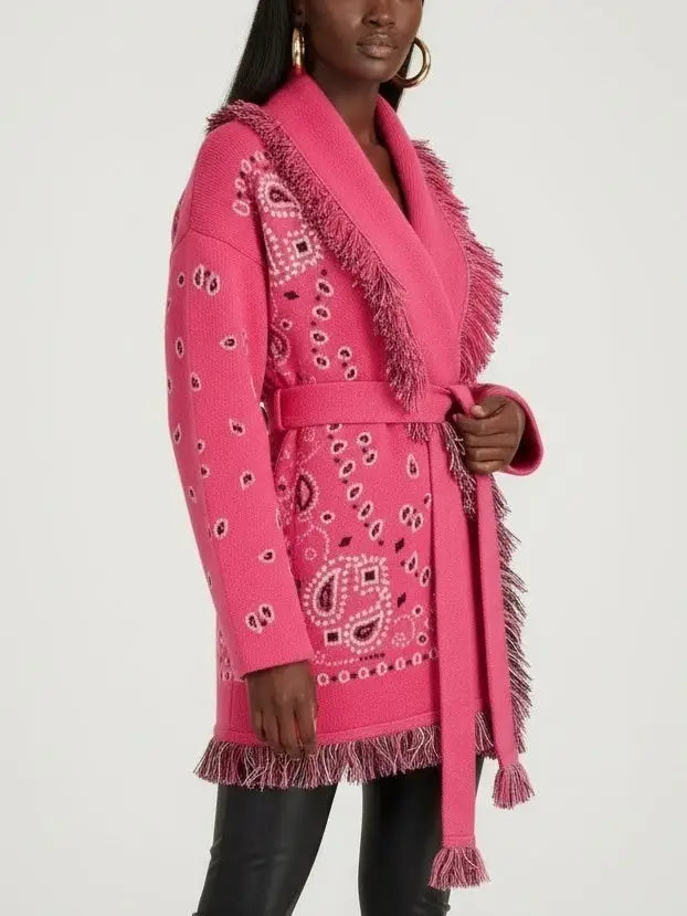 Fuchsia Paisley Wool-Cashmere Belted Cardigan