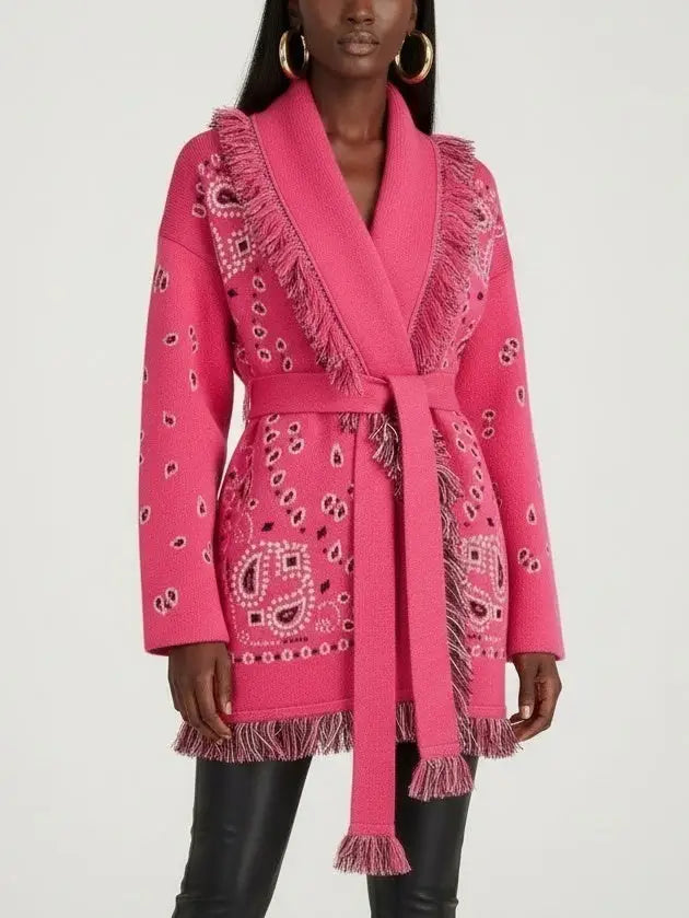 Fuchsia Paisley Wool-Cashmere Belted Cardigan