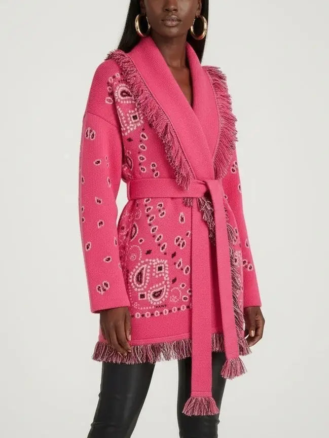 Fuchsia Paisley Wool-Cashmere Belted Cardigan