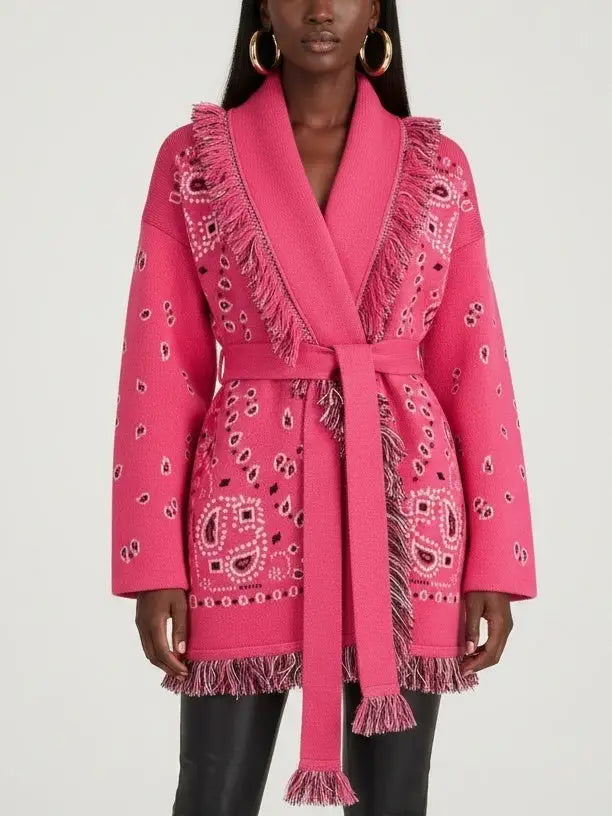 Fuchsia Paisley Wool-Cashmere Belted Cardigan