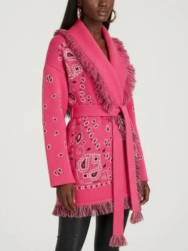 Fuchsia Paisley Wool-Cashmere Belted Cardigan