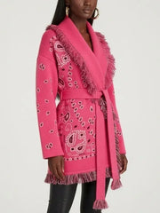 Fuchsia Paisley Wool-Cashmere Belted Cardigan