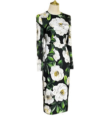 Italian Luxury Designer White Roses Print Long Sleeve 100% Silk Midi Dress – Elegant Women's Spring Summer Dress